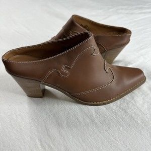 Western Leather Booties Mules Size 9 Block Heel Cowgirl Slip On Chestnut Clogs